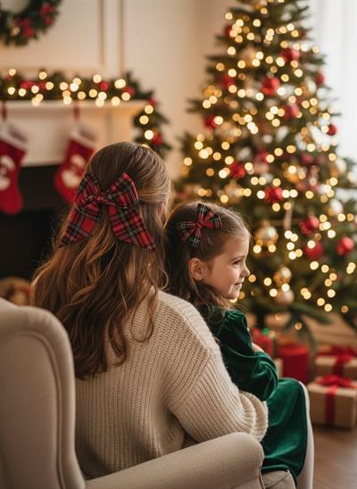  Anne Kız Kırmızı Ekose Yılbaşı Fiyonk Toka, Özel Kırmızı Yılbaşı Tokası El Yapımı