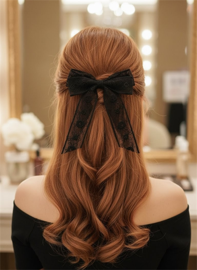 Kadın Siyah Fisto Nakışlı ve Çiçek İşlemeli Kuyruklu Fiyonk Toka El Yapımı