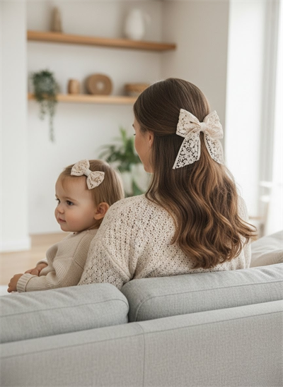 Somon Pembe Çiçek Motifli Güpür Dantel Anne-Kız Kombin Toka Seti El Yapımı