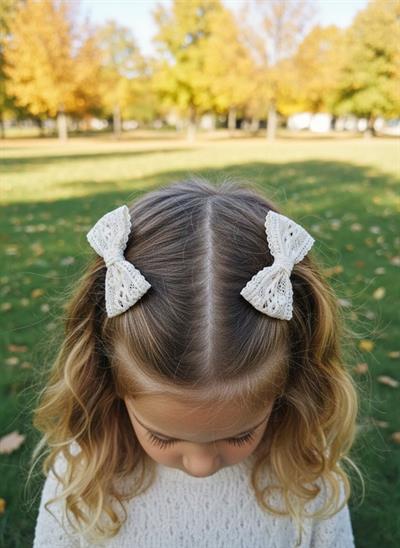 Sevimli Ekru Tonlarında Nostaljik Güpür Dantel Dokulu 2li Çocuk Tokası El Yapımı