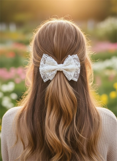 Romantik Ekru Tül Üzeri Nakışlı Narin Fiyonk Tokası El Yapımı