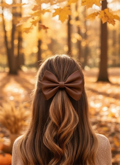 Kadın Kahverengi Suni Deri Dokulu Hacimli ve Büyük Fiyonk Toka El Yapımı