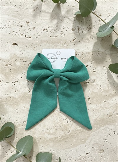 Zarif Koyu Yeşil Tek Renk ve Uzun Kuyruklu Büyük Boy Saç Tokası - el yapımı