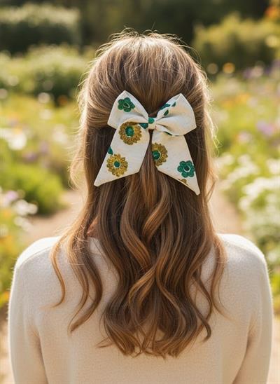 Kadın Yeşil ve Hardal Çiçek Desenli Premium Kuyruklu Fiyonk Toka El Yapımı