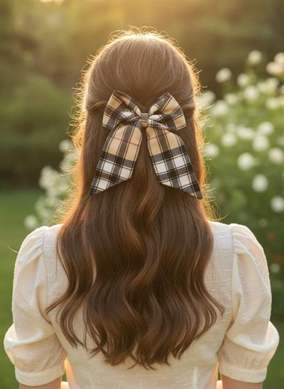 Kadın Bej ve Siyah Kareli Ekose Desenli Kuyruklu Fiyonk Toka El Yapımı