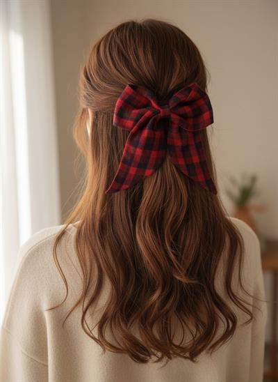 Retro Stil Kırmızı Siyah Kareli Oduncu Kumaş Hacimli ve Dökümlü Tokası El Yapımı