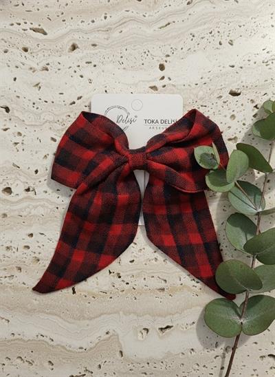 Retro Stil Kırmızı Siyah Kareli Oduncu Kumaş Hacimli ve Dökümlü Tokası El Yapımı