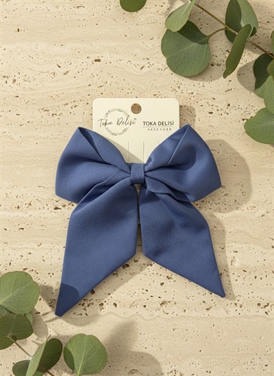 Zarif Mavi Tek Renk ve Uzun Kuyruklu Büyük Boy Saç Tokası - el yapımı