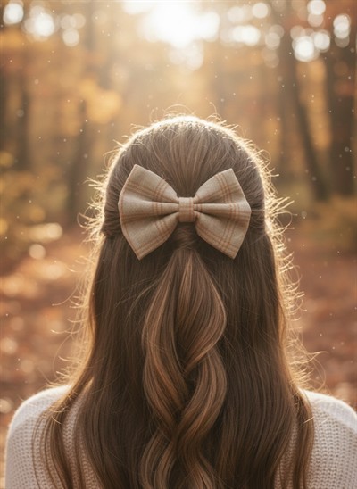 Zarif Toprak Tonlarında Ekose Desenli Butik Fiyonk Pens Toka - el yapımı