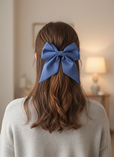 Zarif Mavi Tek Renk ve Uzun Kuyruklu Büyük Boy Saç Tokası - el yapımı