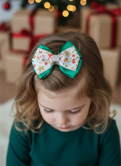 Çocuklar İçin Yılbaşı Desenli ve Gümüş Simli Yeşil Fiyonk Toka - el yapımı