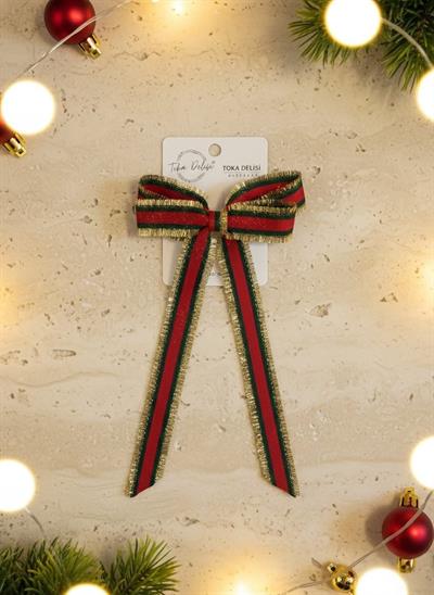Zarif Yılbaşı Konseptli Şeritli ve Fiyonklu Kuyruklu Otomatik Toka - el yapımı