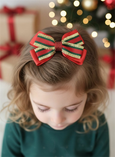 Çocuklar İçin Altın Işıltılı Yılbaşı Temalı Kırmızı-Yeşil Fiyonk Toka - el yapımı