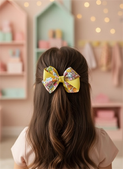 Sarı Şeritli Meyve ve Tatlı Figürlü Fiyonklu El Yapımı Toka