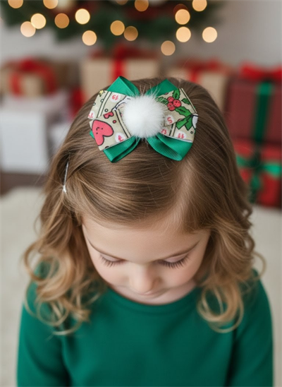 Zarif Kalp Figurlu ve Beyaz Ponponlu El Yapimi Yesil Fiyonklu Toka