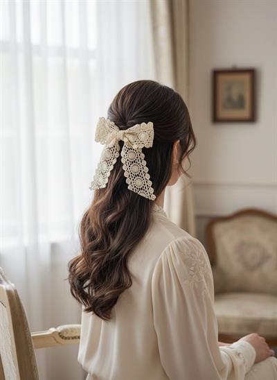  Romantik Kadın Krem Dantel Otomatik Fiyonk Toka El Yapımı