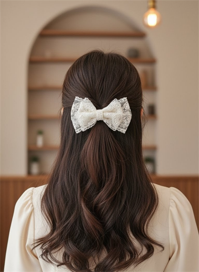 Romantik Ekru Dantel İşlemeli Şık Saç Aksesuarı El Yapımı