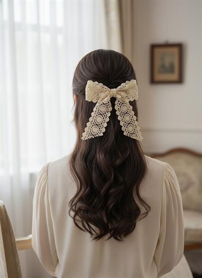  Romantik Kadın Krem Dantel Otomatik Fiyonk Toka El Yapımı