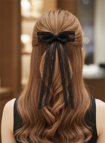 Siyah Pullu Şerit Dantel Fiyonk Toka, Tasarım Yetişkin Genç Kız Klipsli Otomatik Fiyonk El Yapımı