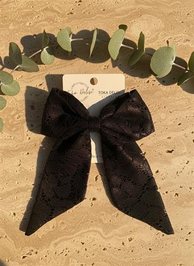 Kadın Lacivert Desenli Deri Görünümlü Otomatik Mekanizmalı Fiyonk Toka El Yapımı