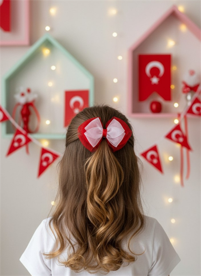  23 Nisan Kırmızı Beyaz Son Trend Kurdele Fiyonk Toka El Yapımı