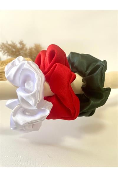 Beyaz Kırmızı Koyu Yeşil 3lü Rahat Ve Şık Scrunchie Saten Simit Toka, Yılbaşı Toka