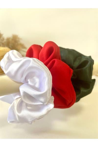 Beyaz Kırmızı Koyu Yeşil 3lü Rahat Ve Şık Scrunchie Saten Simit Toka, Yılbaşı Toka