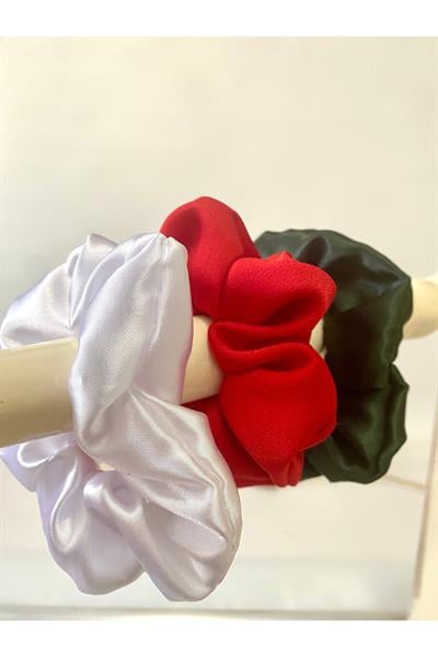 Beyaz Kırmızı Koyu Yeşil 3lü Rahat Ve Şık Scrunchie Saten Simit Toka, Yılbaşı Toka