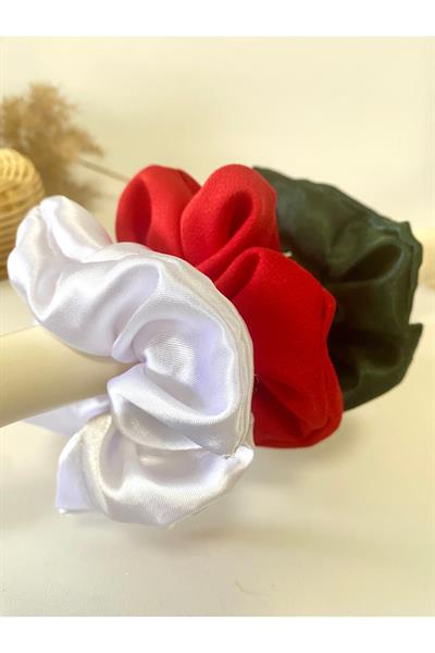 Beyaz Kırmızı Koyu Yeşil 3lü Rahat Ve Şık Scrunchie Saten Simit Toka, Yılbaşı Toka