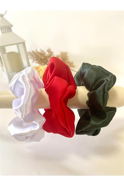 Beyaz Kırmızı Koyu Yeşil 3lü Rahat Ve Şık Scrunchie Saten Simit Toka, Yılbaşı Toka