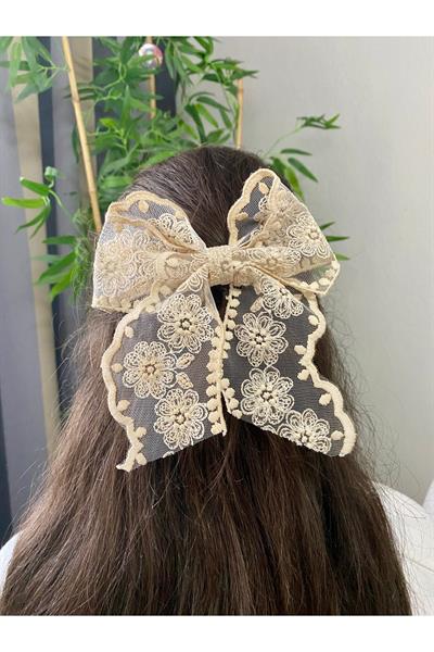 El Yapımı Romantik Kapuçino Dantel Fiyonk Toka, Otomatik Klipsli Saç Tokası, Kadin Toka
