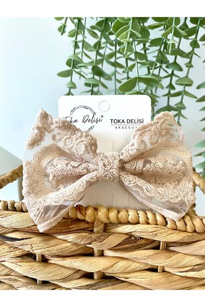 El Yapımı Romantik Kapuçino Dantel Fiyonk Toka, Özel Tasarım Ekru Fiyonk Dantel Toka