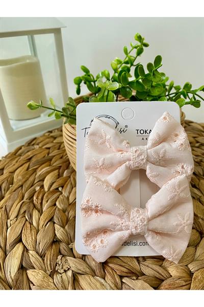 El Yapımı Somon Pembe Fisto Ikili Kombin Fiyonk Toka, Tasarım Toka, Kına Nikah Davet Kiz Cocuk Toka