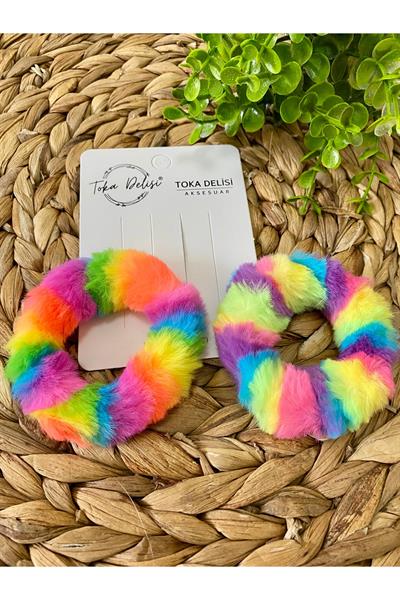 Gökkuşağı Tüylü Çocuk Peluş Simit Toka