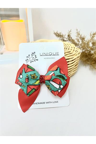 Gold Kırmızı Yılbaşı Tokası, Kırmızı Fiyonk Toka, Çocuk Toka Hand Made Grogren Kurdele Hediye