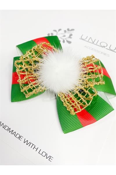 Gold Seri Yılbaşı Tokası, Fiyonk Toka, Çocuk Toka Hand Made Grogren Kurdele Pon Pon Toka Hediye