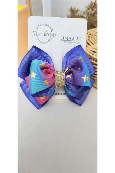 Premium Mor Pembe Yıldız Desenli Kurdele Toka, El Yapımı Grogren Kurdele Çocuk Klipsli Toka