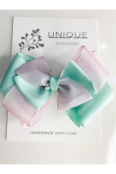 Premium Pembe Büyük Fiyonk Toka, El Yapımı Özel Günler Sedefli Organze Kurdele Pembe Fiyonk Toka