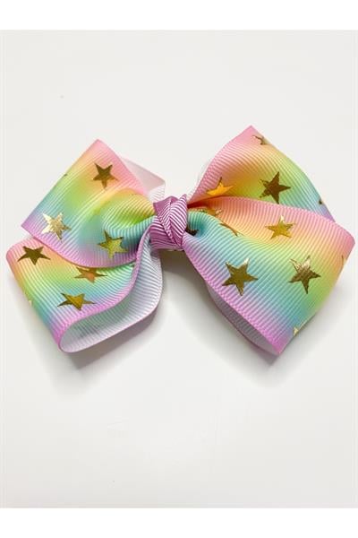 Premium Seri Grosgrain Gökkuşağı Fiyonk Toka, El Yapımı Özel Gün Çocuk Yıldızlı Klipsli Fiyonk Toka