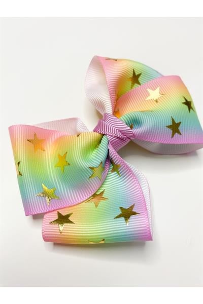 Premium Seri Grosgrain Gökkuşağı Fiyonk Toka, El Yapımı Özel Gün Çocuk Yıldızlı Klipsli Fiyonk Toka