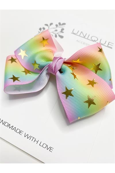 Premium Seri Grosgrain Gökkuşağı Fiyonk Toka, El Yapımı Özel Gün Çocuk Yıldızlı Klipsli Fiyonk Toka