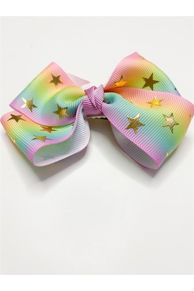Premium Seri Grosgrain Gökkuşağı Fiyonk Toka, El Yapımı Özel Gün Çocuk Yıldızlı Klipsli Fiyonk Toka