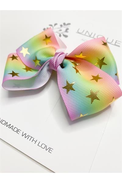 Premium Seri Grosgrain Gökkuşağı Fiyonk Toka, El Yapımı Özel Gün Çocuk Yıldızlı Klipsli Fiyonk Toka