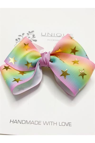 Premium Seri Grosgrain Gökkuşağı Fiyonk Toka, El Yapımı Özel Gün Çocuk Yıldızlı Klipsli Fiyonk Toka