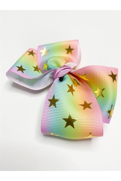 Premium Seri Grosgrain Gökkuşağı Fiyonk Toka, El Yapımı Özel Gün Çocuk Yıldızlı Klipsli Fiyonk Toka