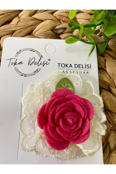 Saçsız Bebek Tokası, Sevimli Ekru Tül Ve Şeker Pembe Keçe Detaylı Çiçek Figürlü Saçsız Bebek Tokası