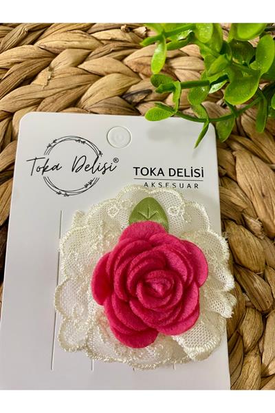 Saçsız Bebek Tokası, Sevimli Ekru Tül Ve Şeker Pembe Keçe Detaylı Çiçek Figürlü Saçsız Bebek Tokası