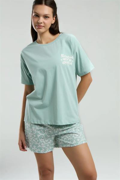 %100 Pamuklu Şortlu Yeşil Pijama Takımı