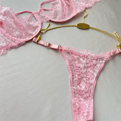 Balenli Dantelli Pembe Sütyen Takım