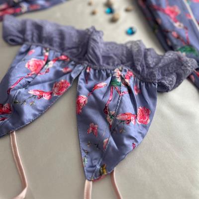 Gök Mavi Çiçek Desenli 3 Parça Pijama Takımı -  Gecelik